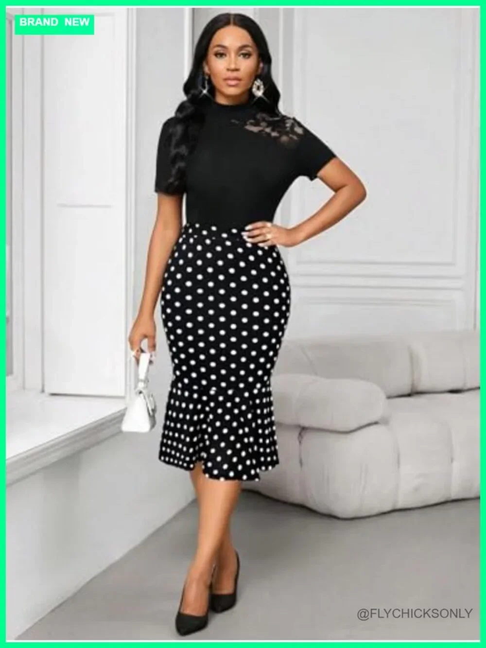 Women's Polka Dot Mermaid High Waist Bodycon Pencil Skirt Below Knee Knit